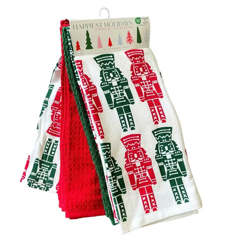 La Cuisine Christmas NUTCRACKER Kitchen Towels Set of 4 HOLIDAY Green Red White